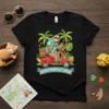 T-shirt design with text JULIE AND LI'' RED, featuring a sloth riding a red scooter with a basket of fruit