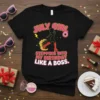 Black t-shirt with "JULY GIRL STEPPING INTO MY BIRTHDAY LIKE A BOSS" text, featuring a silhouette of a woman with