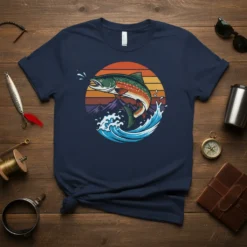 Jumping fish graphic with sunset and mountain background on a navy blue t-shirt, primary keyword Jumping Fish Sunset