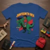Juneteenth Rex Freedom Day T-Shirt with a child riding a green dinosaur, featuring bold text and geometric patterns in red