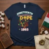 Juneteenth Unapologetically Dope 1865 text with vibrant graphic of a Black woman and historical year on a navy t-shirt