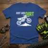 Just Add Dirt motocross T-shirt design with a white dirt bike jumping over mountains