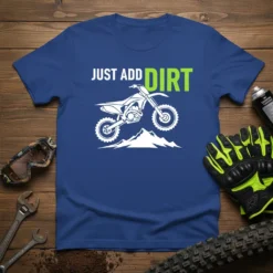 Just Add Dirt motocross T-shirt design with a white dirt bike jumping over mountains