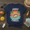 Just Chill sloth wearing sunglasses on an inflatable in water, with a retro sunset and palm trees graphic on a