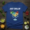 Just Chillin' t-shirt design with cartoon chili peppers relaxing in a margarita glass, white text above