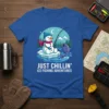Just Chillin' Ice Fishing Adventures t-shirt design with a snowman fishing on ice and a fish jumping