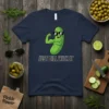 Just Dill With It funny pickle t-shirt with a cartoon pickle flexing its bicep and wearing sunglasses