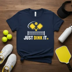 Navy t-shirt with "JUST DINK IT." text and pickleball graphics, including paddles and a ball over a net