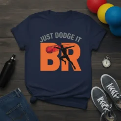 Navy blue t-shirt with "JUST DODGE IT BR" text and a graphic of a dodgeball player mid-throw