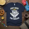 Navy t-shirt with "JUST HERE FOR FOCS THE SNACKS" text and cartoon football character holding hot dogs and snacks