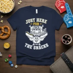 Navy t-shirt with "JUST HERE FOR FOCS THE SNACKS" text and cartoon football character holding hot dogs and snacks