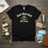 Just Married EST. 2025 t-shirt with gold wedding rings and diamond graphic