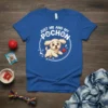 Just Me and My Pochon text with a cute cartoon dog playing with a ball, on a royal blue t-shirt