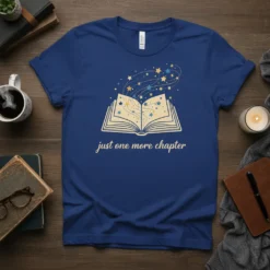 Blue t-shirt with the quote "just one more chapter" and an illustration of an open book with stars emerging