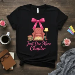 Just One More Chapter quote on a black t-shirt with a graphic of a comfy armchair, books, and a lamp