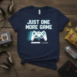 Just One More Game Level 99+ bold graphic design printed on comfortable cotton t-shirt