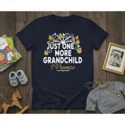 T-shirt with white text "JUST ONE MORE GRANDCHILD I Promise" and golden apple tree graphic