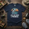 Just One More I Promise fishing t-shirt with a jumping bass, sunset, and mountains graphic