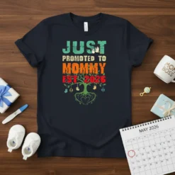 Just Promoted To Mommy Est. 2026 t-shirt with tree graphic and stork illustration, announcing a baby arrival in 2026