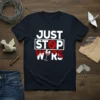 Just Stop Wars t-shirt with white text and a red prohibition sign over 'O', featuring a wine glass graphic