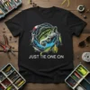 Just Tie One On fishing t-shirt design featuring a bass and various lures