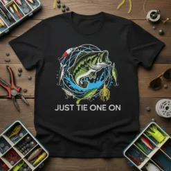 Just Tie One On fishing t-shirt design featuring a bass and various lures