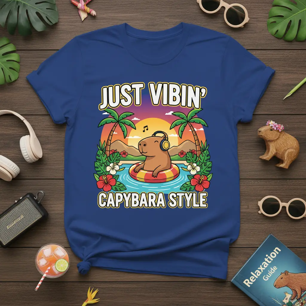 Just Vibin' Capybara Style text and graphic of a relaxed capybara in a pool, tropical setting