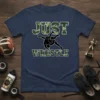 Navy t-shirt with "JUST WRESTLE" text in camouflage font and a graphic of two wrestlers mid-match