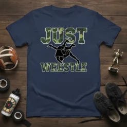 Navy t-shirt with "JUST WRESTLE" text in camouflage font and a graphic of two wrestlers mid-match