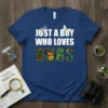 Just A Boy Who Loves Bugs t-shirt design featuring white text and illustrated insects forming the word "BUGS"