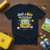 Just a Boy Who Loves Buses t-shirt design featuring a cute cartoon school bus with big eyes and stars