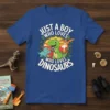 Blue t-shirt with "Just A Boy Who Loves Who Loves Dinosaurs" text and cartoon dinosaur graphics, including a T-Rex, Triceratops