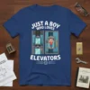 Just A Boy Who Loves Elevators T-Shirt featuring cartoon boy in elevator and text, navy blue shirt