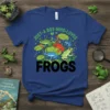 Just A Boy Who Loves Frogs t-shirt design with colorful frogs on lily pads and green heart accents