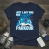 Parkour t-shirt design with text "JUST A BOY WHO LOVES PARKOUR" and graphic of an athlete mid-jump