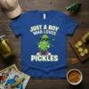Just A Boy Who Loves Pickles graphic tee with a cartoon pickle wearing sunglasses