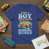 Just A Boy Who Loves School Buses t-shirt design featuring a yellow school bus graphic and playful text