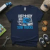T-shirt featuring the text "JUST A BOY WHO LOVES SEMI TRUCKS" with a graphic of a blue semi-truck