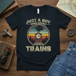 Just A Boy Who Loves Trains t-shirt with vintage train graphic and retro sunset stripes