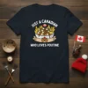 T-shirt with "JUST A CANADIAN WHO LOVES POUTINE" text, featuring a bowl of poutine and a beaver graphic