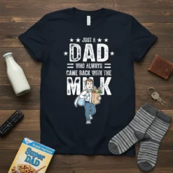 Just A Dad Who Always Came Back With The Milk quote on a navy t-shirt, featuring a man with a