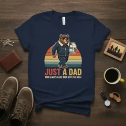 Just A Dad Who Always Came Back With The Milk text on a navy t-shirt featuring a cool bear character