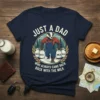 Badger dad in overalls carrying milk jugs graphic on navy t-shirt with text "Just a Dad Who Always Came Back