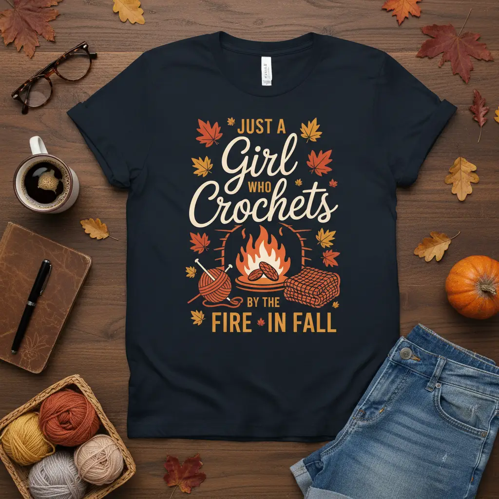 Just a Girl Who Crochets by the Fire in Fall T-Shirt