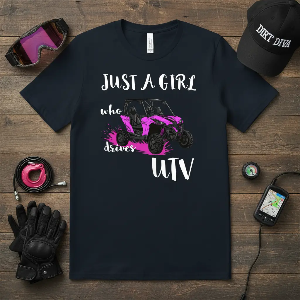 Just A Girl Who Drives UTV quote with pink UTV illustration and paint splatter design