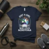 Just A Girl Who Loves Acroyoga text with graphic of two people in acroyoga pose on a navy t-shirt