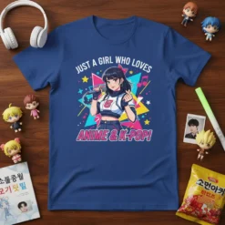 T-shirt design featuring anime girl singing with text "JUST A GIRL WHO LOVES ANIME & K-POP!" in colorful style