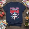 Just A Girl Who Loves Anime text with a cute anime girl illustration and cherry blossoms on a navy t-shirt
