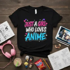 Just A Girl Who Loves Anime text design on a black t-shirt with pink and blue lettering and small hearts
