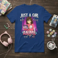 Anime girl holding a tablet showing anime characters and a white cat, text reads "JUST A GIRL who loves ANIME